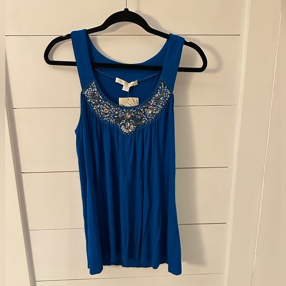 NWT M BOSTON PROPER Blue Rhinestone pleated lightweight woman tank top coastal - Picture 2 of 12